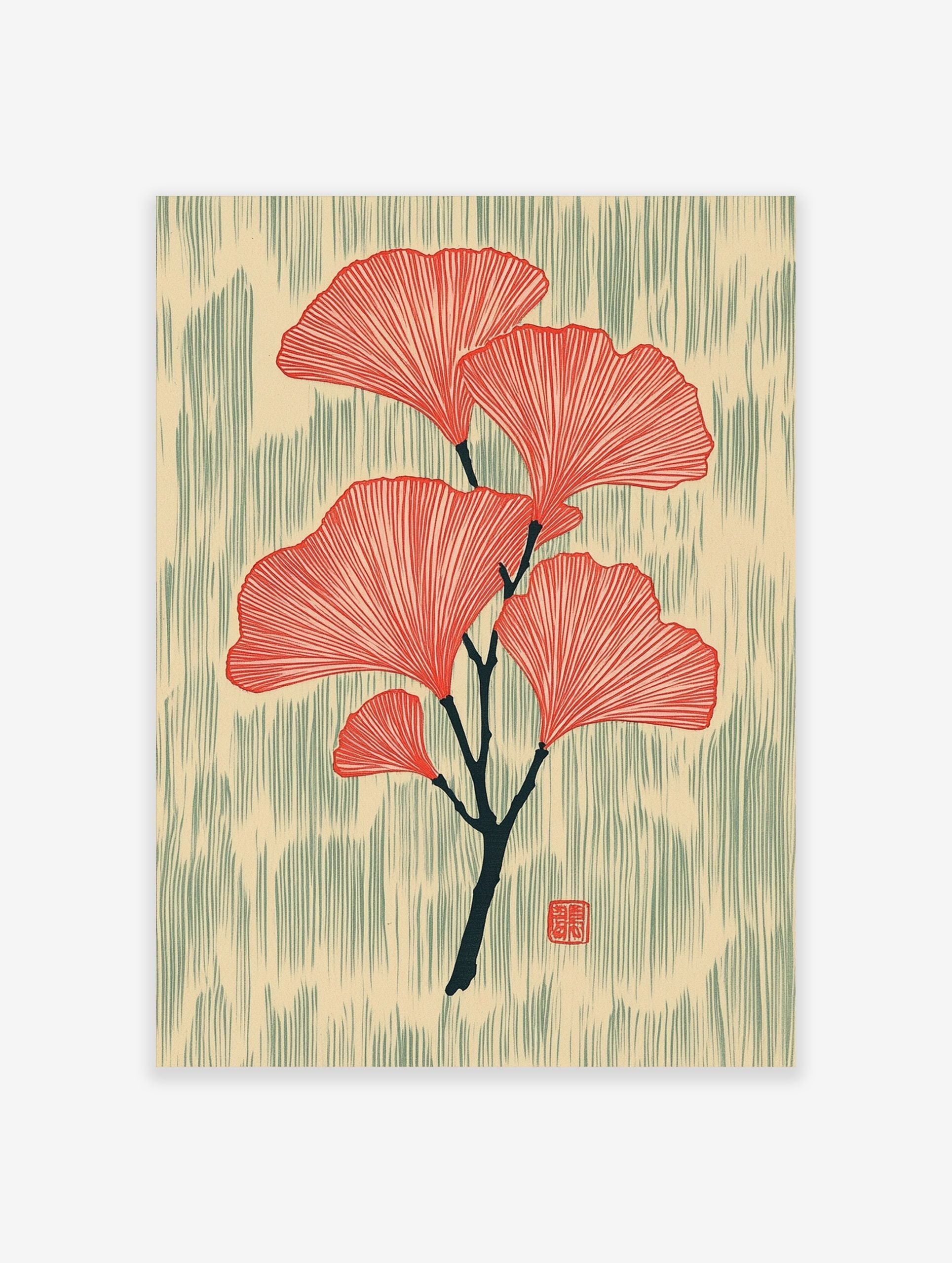 Red ginkgo leaves botanical illustration on a dark branch with textured beige and green-grey background, portrait