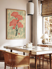 Red ginkgo leaves botanical illustration on a dark branch with textured beige and green-grey, in a styled room mockup