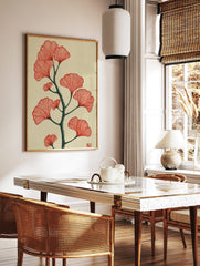 Red ginkgo leaves with a dark green branch botanical illustration on a cream background, in a styled room mockup