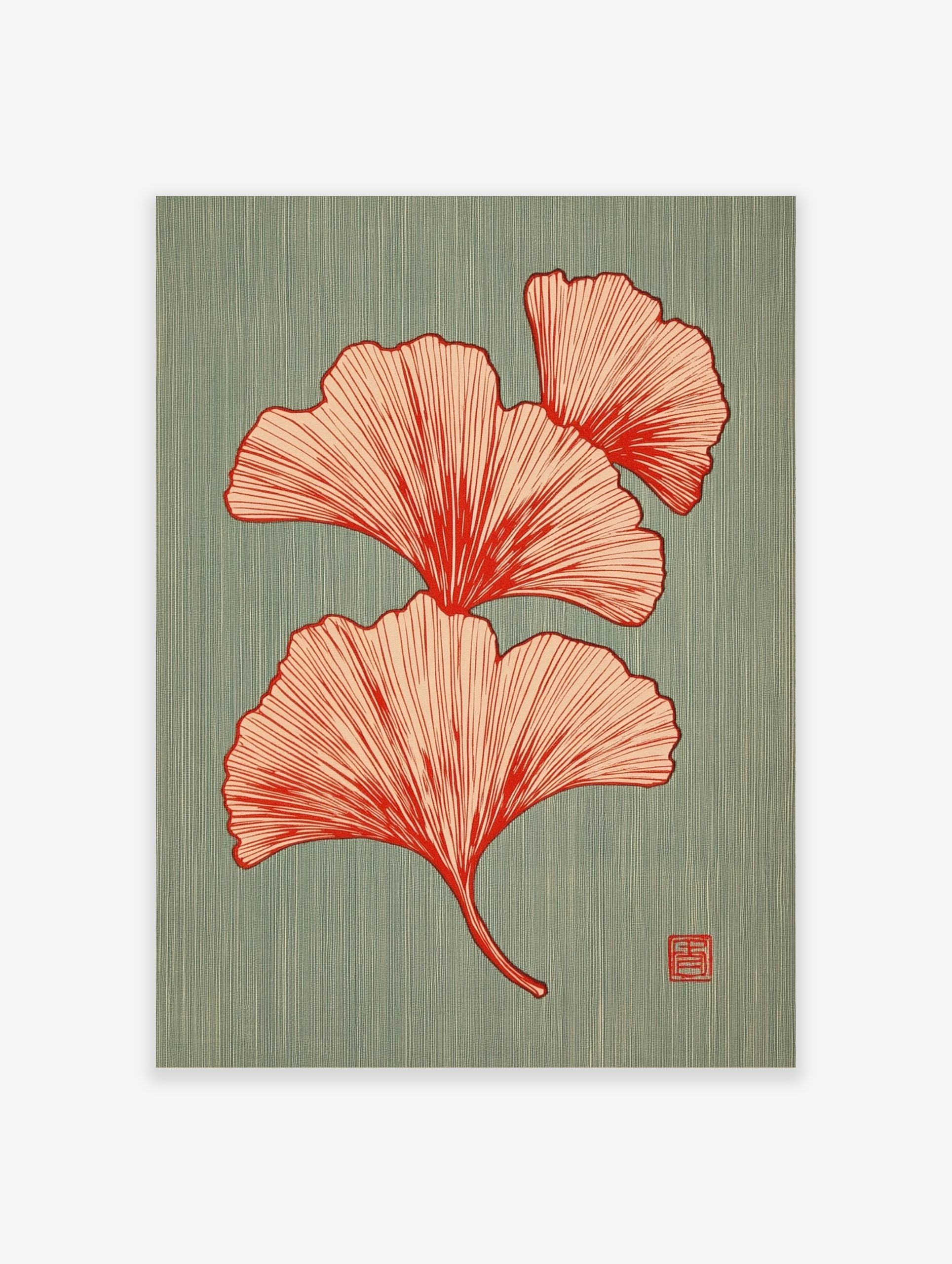 Illustrative red Ginkgo leaves botanical print on a textured teal background with a small red seal