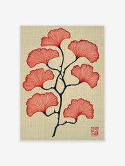 Red ginkgo leaves on a dark branch illustration on a textured beige background with a red seal