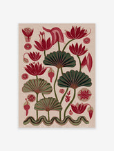Red and green botanical illustration art print with stylized lotus flowers and fan-like leaves on a light beige background