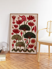Red and green botanical illustration art print with stylized lotus flowers and fan-like leaves on a light beige background - Image 2
