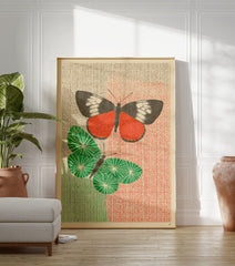 Red and green butterfly poster with two stylized insects on a textured striped background, one red, one green. - Image 3