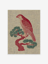 Red hawk illustration perched on a green pine tree, against a textured beige background. Illustrative bird wall art.