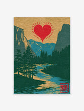Red heart with radiating lines above a blue mountain valley, pine trees, and a flowing river on a gold background