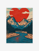 Red heart sun over blue mountains with pine trees and a winding river in retro print style