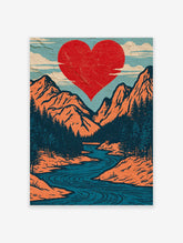 Red heart above orange mountains and blue river landscape poster