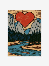 Red heart mountain landscape poster with blue river and pine trees in retro style