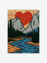 Red heart-shaped sun over grey mountains with pine trees and a blue river in a retro landscape poster
