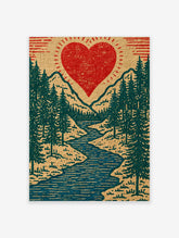 Red heart above pine trees and blue river in woodcut style landscape print