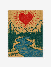 Red heart sunburst over green mountains, pine trees and blue river on tan paper art print