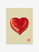 Minimalist red heart illustration with traditional red seal on a textured beige background, unframed art print