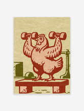 Red hen lifting dumbbells on a bench, block-print style poster with gym equipment