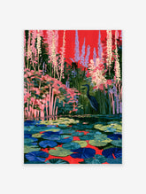 Blue-grey heron among pink foliage and lily pads on a red background art print