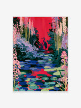Red heron standing in a lily pond with pink flowers and blue lily pads, colourful garden art print