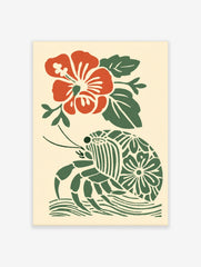 Red hibiscus flower and green hermit crab with patterned shell in a tropical block print style