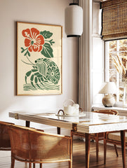 Red hibiscus flower and green hermit crab with patterned shell in a tropical block print style, in a styled room mockup