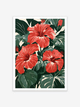 Red hibiscus flower botanical wall art print with green leaves on a white background