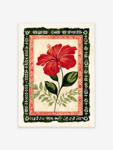 Red hibiscus flower botanical illustration with green leaves, set within a dark green and red folk art decorative frame.