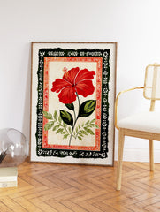 Red hibiscus flower botanical illustration with green leaves, set within a dark green and red folk art decorative frame. - Image 2