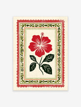 Red hibiscus flower botanical art print with green leaves in a decorative folk art border on a cream background.