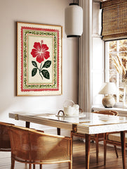 Red hibiscus flower botanical art print with green leaves in a decorative folk art border on a cream background. - Image 3