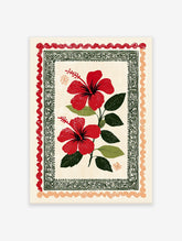 Red hibiscus wall art print with two vibrant flowers, green leaves, and decorative folk art borders on a cream background.