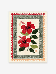 Red hibiscus wall art print with two vibrant flowers, green leaves, and decorative folk art borders on a cream background.