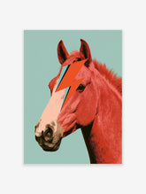 Red horse head profile with lightning bolt graphic on pale blue background art print