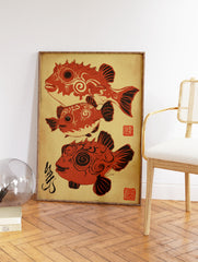 Stylized Japanese red pufferfish wall art illustration with three fish and cultural calligraphy on a beige background. - Image 2