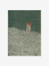 Red jellyfish illustration floating above detailed green patterned ocean waves, a serene piece of jellyfish wall art.