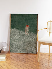 Red jellyfish illustration floating above detailed green patterned ocean waves, a serene piece of jellyfish wall art. - Image 2