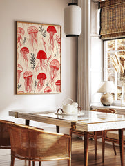 Seamless pattern of red jellyfish and black and red marine plants on a light beige background, in a styled room mockup