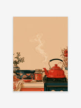 Red kettle with steam on stovetop beside blue pan and tea jar, kitchen still life illustration