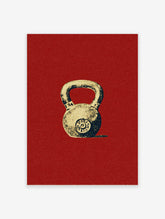 Red and cream kettlebell poster with distressed texture and circular emblem on deep red background