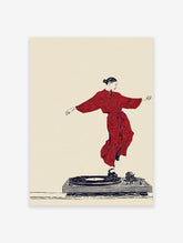 Illustration of a woman in a red kimono dancing on a turntable, a dynamic music wall art print on a beige background.