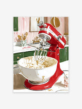 Red Kitchen Mixer poster in a kitchen, mixing batter in a white bowl with a whisk, green cabinets, striped wall.