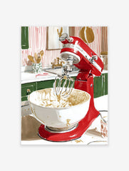 Red Kitchen Mixer poster in a kitchen, mixing batter in a white bowl with a whisk, green cabinets, striped wall.
