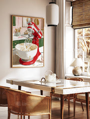 Red Kitchen Mixer poster in a kitchen, mixing batter in a white bowl with a whisk, green cabinets, striped wall. - Image 2