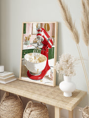 Red Kitchen Mixer poster in a kitchen, mixing batter in a white bowl with a whisk, green cabinets, striped wall. - Image 4