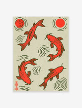 Red koi fish poster with four spotted carp, water rings, and red suns on beige background