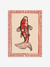 Red and white koi fish illustration with black outlines and a decorative red border on a beige background