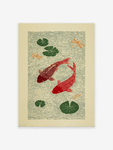 Japanese style red koi fish poster with green lily pads and orange dragonflies on rippling green water.