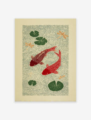 Japanese style red koi fish poster with green lily pads and orange dragonflies on rippling green water.