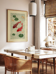 Japanese style red koi fish poster with green lily pads and orange dragonflies on rippling green water. - Image 2