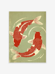 A Japanese style koi fish poster featuring two red and cream koi swimming in a circular pattern on a sage green background.