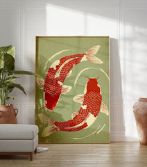 A Japanese style koi fish poster featuring two red and cream koi swimming in a circular pattern on a sage green background. - Image 3