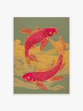 Two red koi fish swimming in golden waves on a green background, in a traditional Japanese art style print.