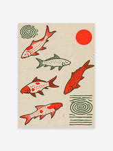 Red and white koi fish illustration with green ripples and red sun on beige paper